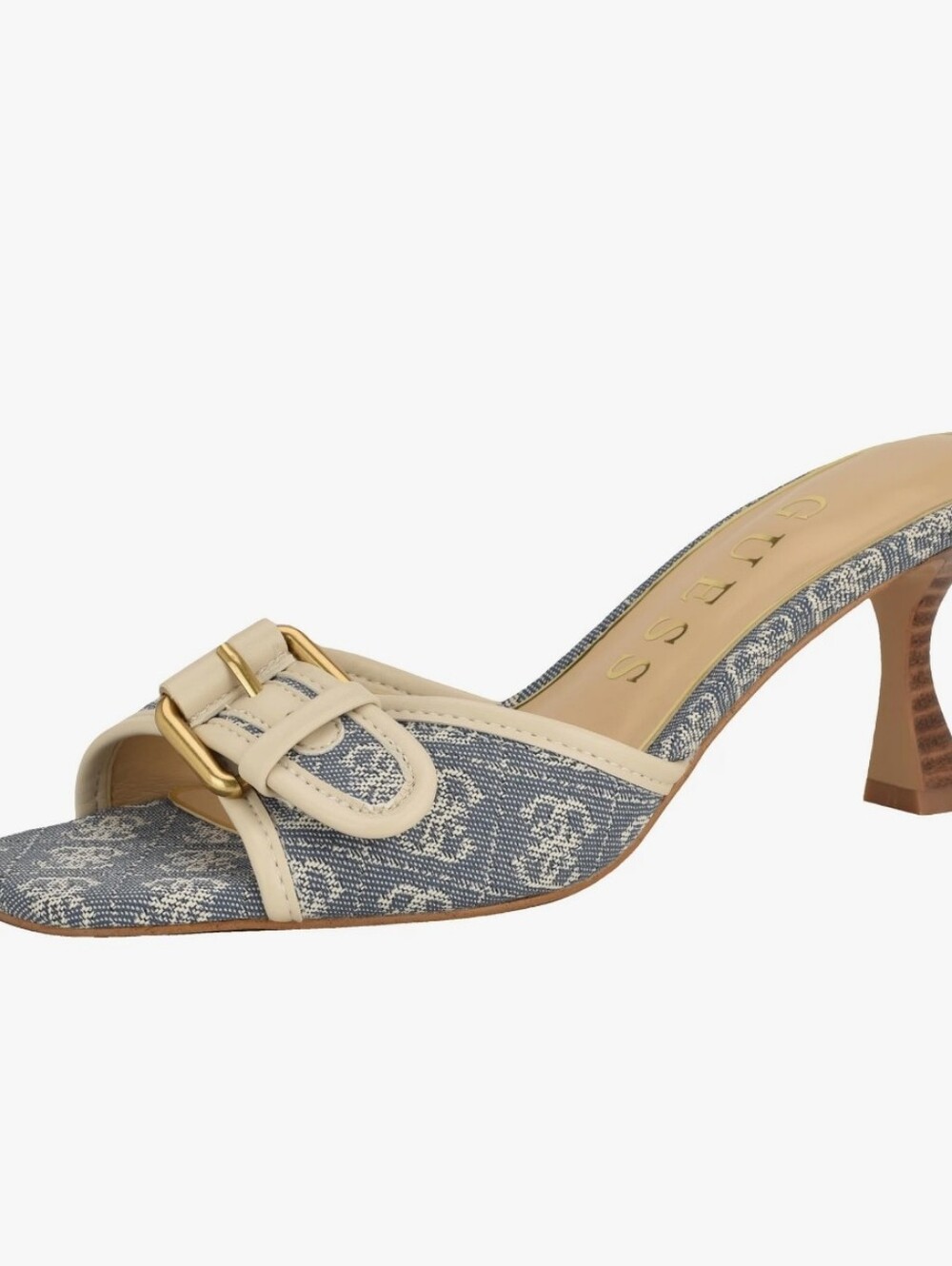GUESS Denim-Print Blue and Beige Buckle Kitten Heel Mule